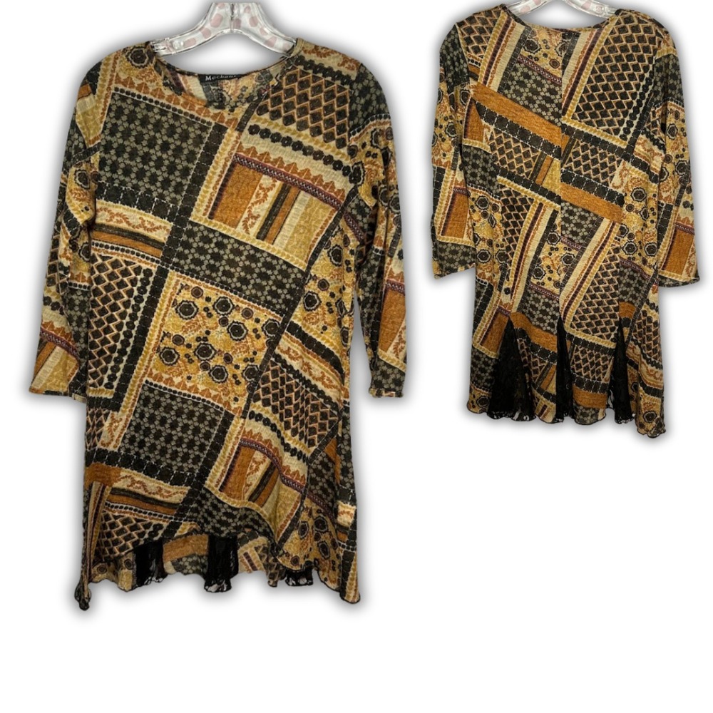 Mechant Womens Mesh Patchwork Long Sleeve Fairygrunge Lace Trim Tunic Top L Boho
